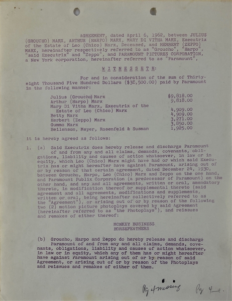Harpo & Zeppo Marx Signed Document (Beckett/BAS LOA)