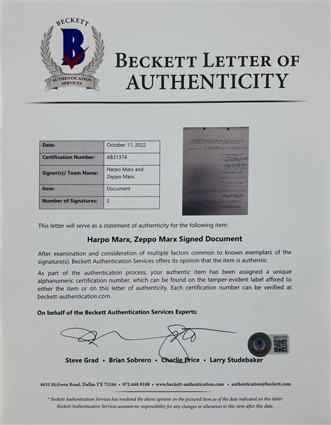 Harpo & Zeppo Marx Signed Document (Beckett/BAS LOA)