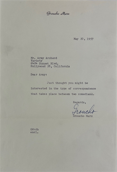 Groucho Marx & Jack Benny Signed (2) 7.25 x 10.5 TLS Letters w/ Envelope (Beckett/BAS)