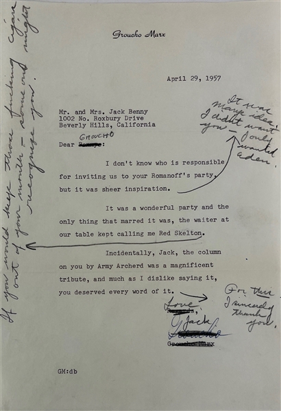 Groucho Marx & Jack Benny Signed (2) 7.25 x 10.5 TLS Letters w/ Envelope (Beckett/BAS)