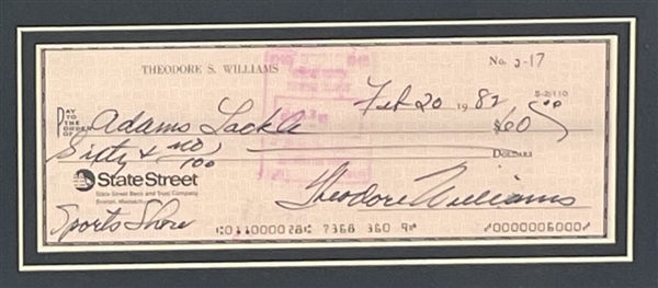 Ted Williams Signed Check, Nicely Matted & Framed (Beckett/BAS) 