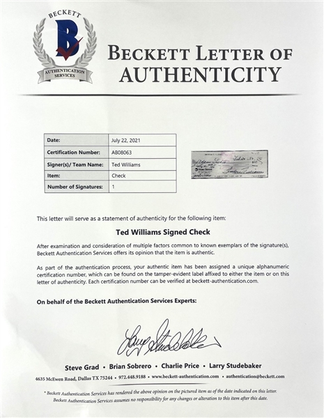 Ted Williams Signed Check, Nicely Matted & Framed (Beckett/BAS) 
