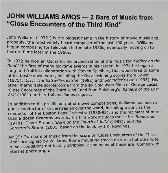 John Williams Signed 3 x 5 Card with  Two Bars of handwritten Music from Close Encounters of the Third Kind (Beckett/BAS)