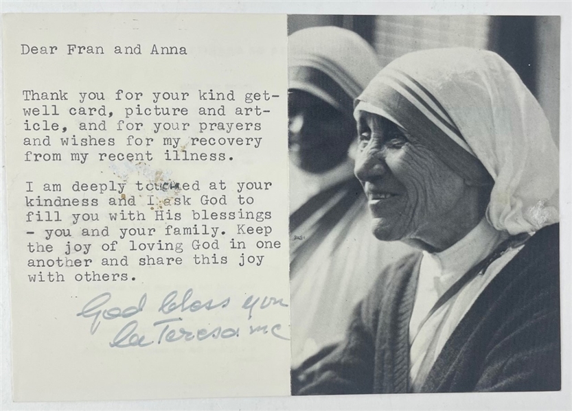 Mother Teresa Signed Postcard w/ God Bless you Note (Beckett/BAS) 