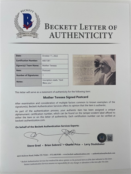Mother Teresa Signed Postcard w/ God Bless you Note (Beckett/BAS) 