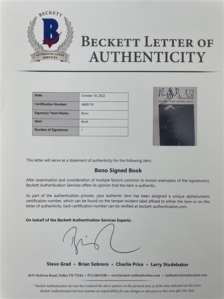Bono Signed U2: Another Time Another Place Book (Beckett/BAS)