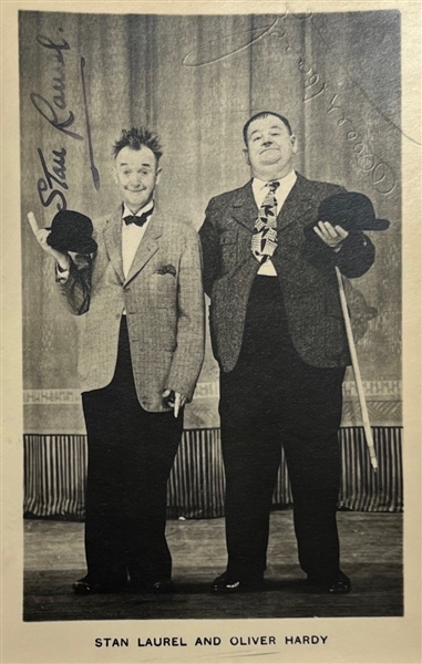 Stan Laurel & Oliver Hardy Signed 3.5" x 5.5" Postcard (Beckett/BAS LOA)