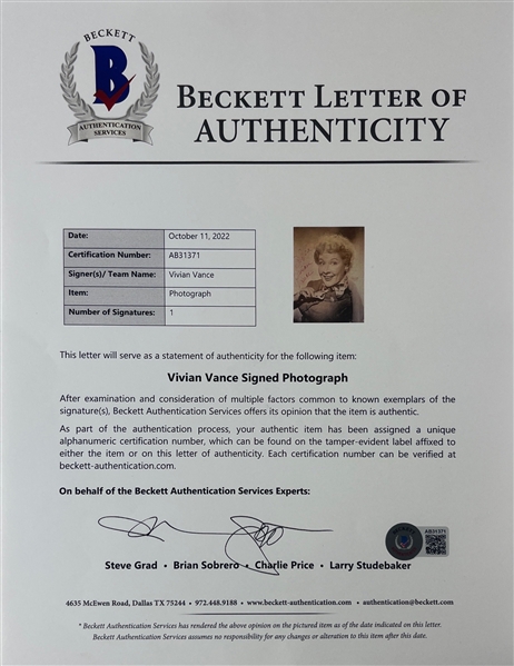 Vivian Vance Signed & Inscribed 7.5 x 9.5 Photo (Beckett/BAS LOA)