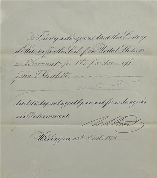 Ulysses S. Grant Signed 1875 Presidential Pardon (Third Party Guaranteed)