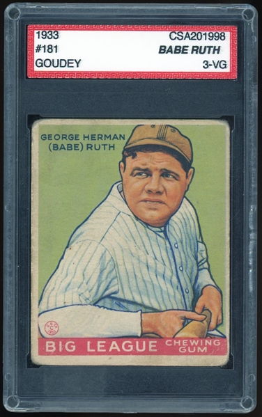 Babe Ruth 1933 Goudey #181 :: CSA Graded VG 3! (CSA Encapsulated)