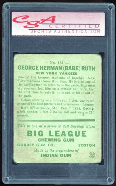 Babe Ruth 1933 Goudey #181 :: CSA Graded VG 3! (CSA Encapsulated)