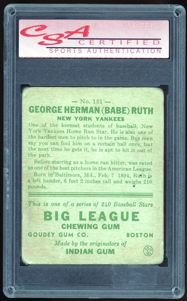 Babe Ruth 1933 Goudey #181 :: CSA Graded VG 3! (CSA Encapsulated)
