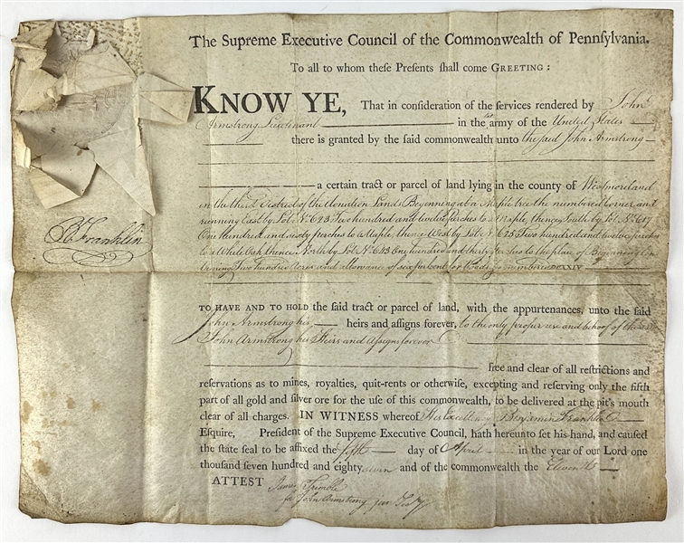 Benjamin Franklin Signed 1787 Pennsylvania Land Grant with Impressive Bold Autograph (Beckett/BAS LOA)
