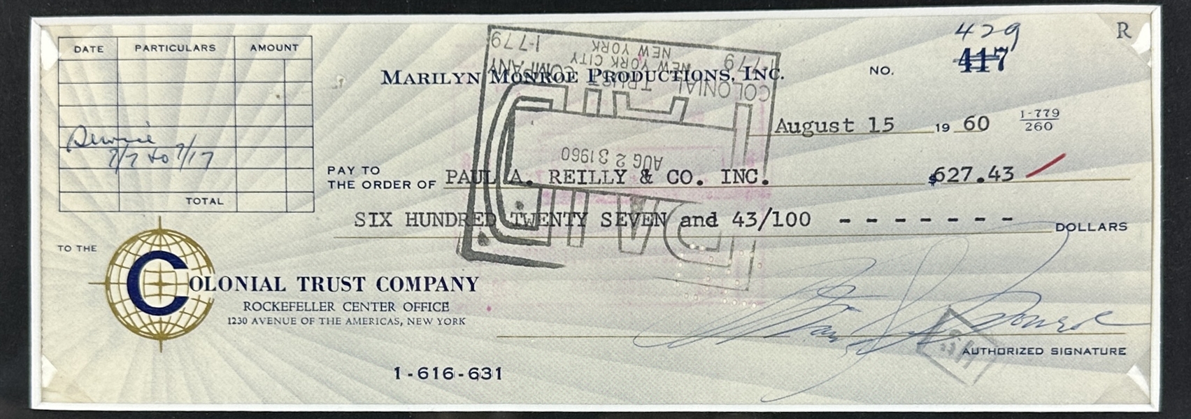 Marilyn Monroe Signed 1960 Business Bank Check in Custom Framed Display (Beckett/BAS LOA)