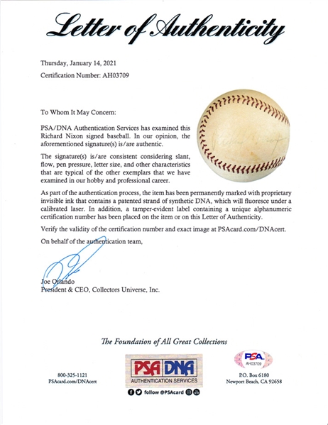 President Richard Nixon Signed Official A.L. Baseball (Cronin) (PSA/DNA)