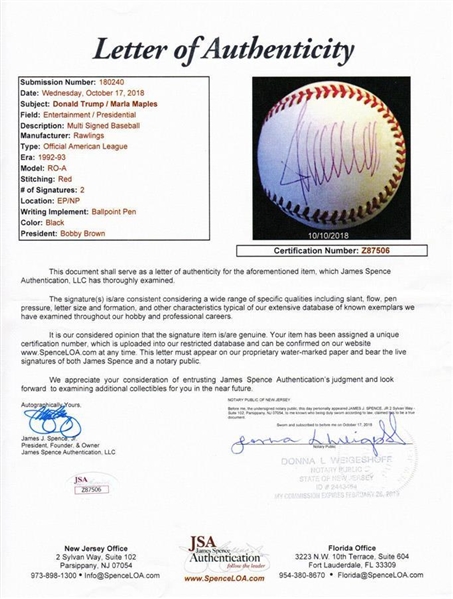 President Donald Trump & Marla Maples RARE Dual Signed Official A.L. Baseball (JSA)