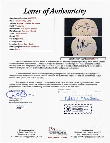 President Barack Obama & President Joe Biden RARE Dual Signed Softball! (JSA)