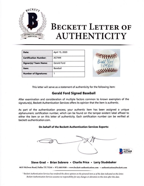 President Gerald Ford Signed Official N.L. Baseball With 38th Pres Inscription (Beckett/BAS)