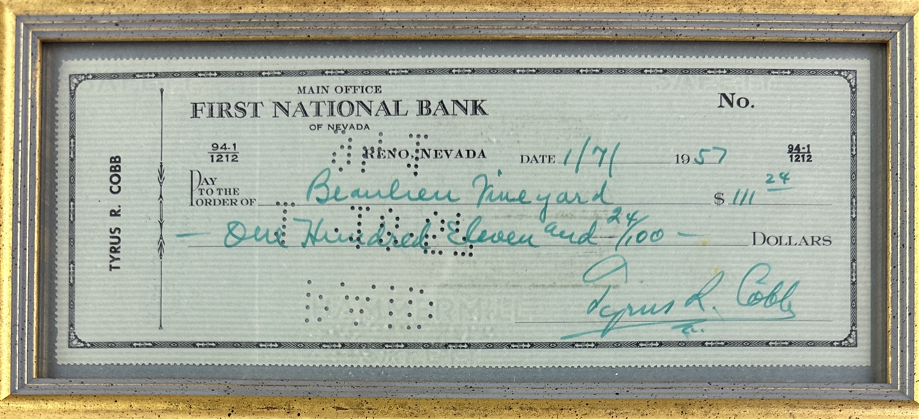Ty Cobb Signed Bank Check in Custom Framed Display (Beckett/BAS LOA)