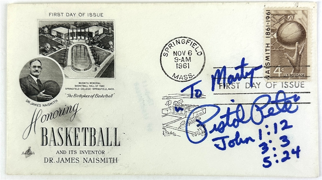 Pistol Pete Maravich Desirable Signed Basketball Hall of Fame Commemorative First Day Cover (Beckett/BAS LOA)