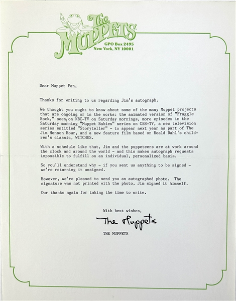 The Muppets: Jim Henson Superb Signed 8 x 10 Photo with Muppets Letter of Transmission (Beckett/BAS LOA)