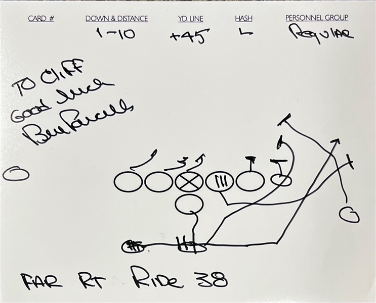 Bill Parcells RARE Hand Drawn & Signed Football Play (Far RT Ride 38)(Beckett/BAS)