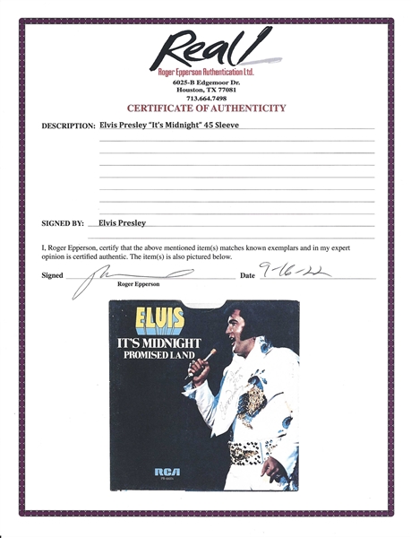 Elvis Presley’s 1974 Signed “Promised Land” RCA 45 RPM (Roger Epperson/REAL LOA) 