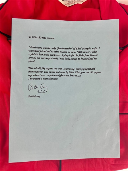 Elvis Presley Owned & Worn Red Nightshirt w/ Letter of Provenance from Patti Parry