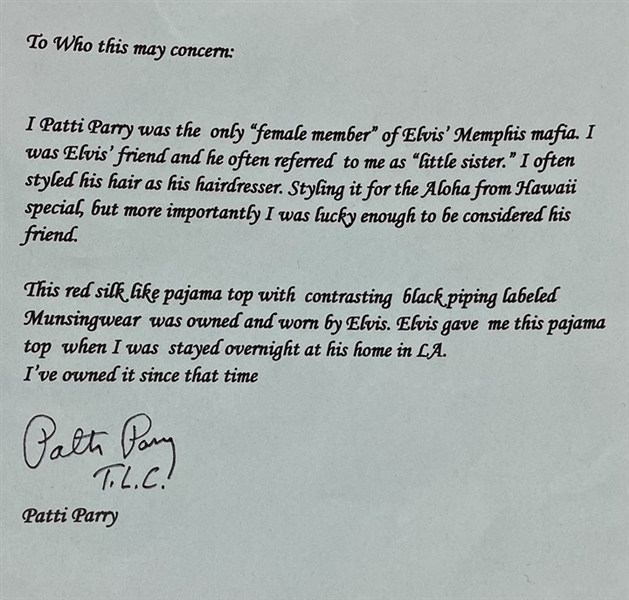 Elvis Presley Owned & Worn Red Nightshirt w/ Letter of Provenance from Patti Parry