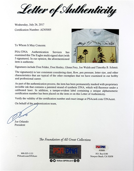 The Eagles Group Signed Hotel California T-Shirt (5 Signatures)(PSA/DNA)