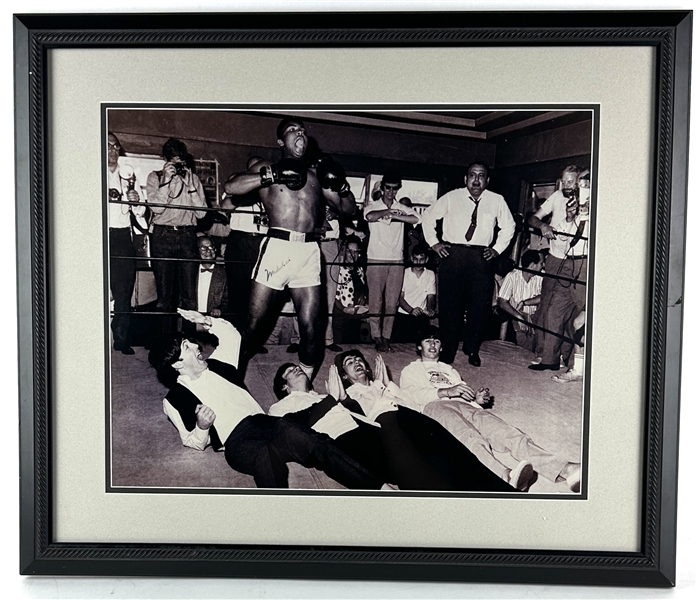 Muhammad Ali Signed 16 x 20 B&W Photograph with The Beatles in Custom Framed Display (PSA/DNA)