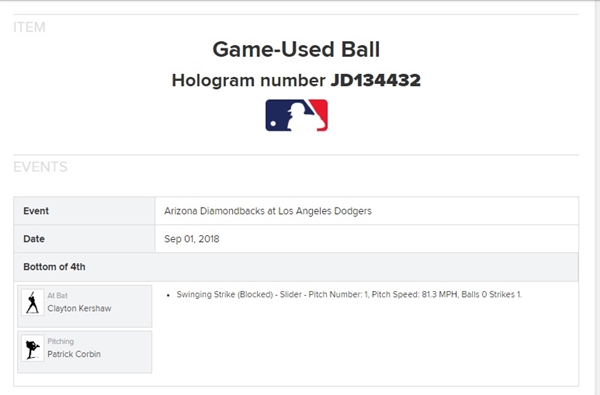 Clayton Kershaw Signed, Pitched & Game Used Baseball :: 9-01-2018 vs ARI :: Ball Pitched by Kershaw! (PSA/DNA & MLB Hologram)