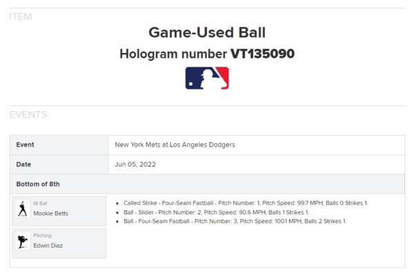 Mookie Betts Game Used & Signed OML Baseball :: 6-5-2022 LAD vs. NYM :: Ball Pitched to Betts (PSA/DNA COA & MLB Authentication)