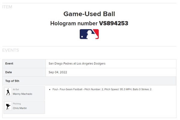 Manny Machado Game Used & Signed OML Baseball :: Used 9-04-2022 SD vs LAD :: Ball Pitched to & Fouled Off by Machado (MLB Holo & PSA/DNA)