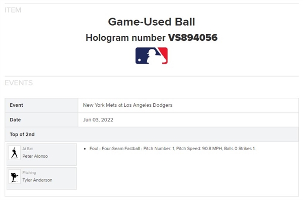 Pete Alonso Game Used & Signed OML Baseball :: Used 4-25-2021 NYM vs LAD :: Alonso HR Game :: Ball Pitched to & Fouled Off by Alonso (MLB Holo & PSA/DNA)