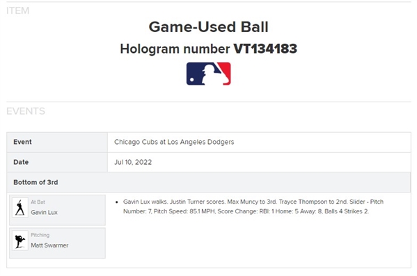 Gavin Lux Game Used & Signed OML Baseball :: Used 4-25-2021 CHC vs LAD :: Ball Pitched to Lux! (MLB Holo & PSA/DNA)