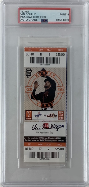 Vin Scully Signed 2016 SFG Ticket w/ Auto Mint 9! :: Scully's Final Game! (PSA/DNA Encapsulated)