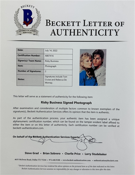 Risky Business: Tom Cruise & Rebecca De Mornay Signed 11 x 14 Color Photo (Beckett/BAS LOA)