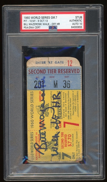 Bill Mazeroski Signed & Inscribed 1960 World Series Ticket Stub w/ Gem Mint 10 Auto! (PSA/DNA Encapsulated)