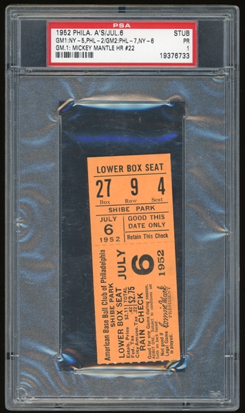 1952 Philadelphia As Ticket Stub : Game 1 Mantle HR #22! (PSA/DNA Encapsulated)