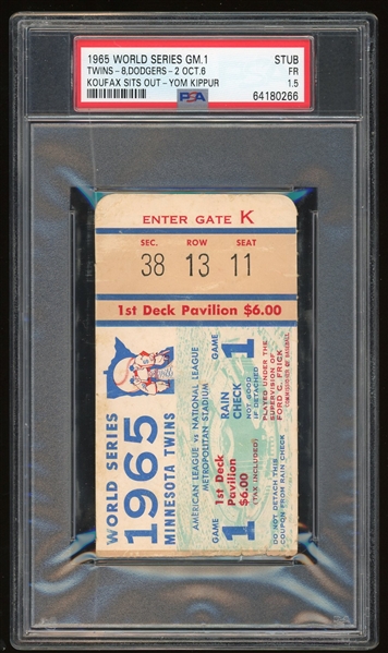1965 World Series Game 1 Ticket Stub :: Koufax Sits Out For Yom Kippur (PSA/DNA)