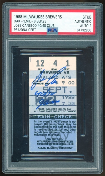 Jose Canseco Signed 1988 Brewers Ticket Stub :: Cansecos 40/40 Club Game! (PSA/DNA)