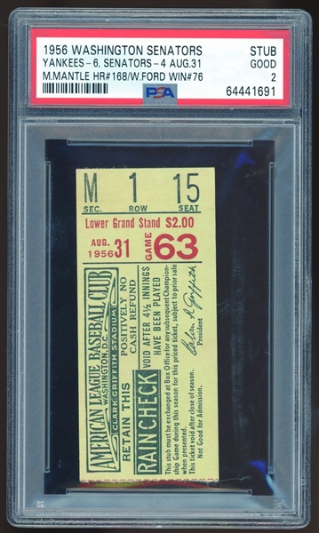 1956 Wash. Sentators vs. Yankees Ticket Stub: Mantle HR #168 & Ford Win #76 (PSA/DNA)