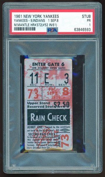 1961 Yankees vs. Indians Ticket Stub :: Mantle HR #372 (PSA/DNA)