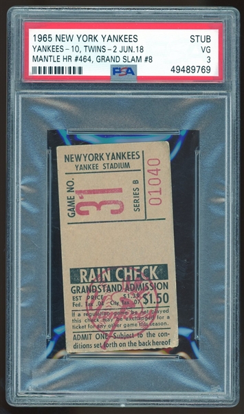 1965 Yankees Ticket Stub :: Mantles HR #464 & Grand Slam #8 (PSA/DNA)