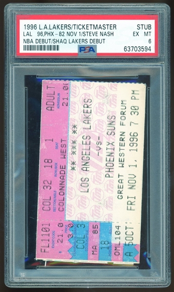 Steve Nash & Shaquille O'Neal Debut 1996 Lakers NBA Ticket (PSA/DNA)