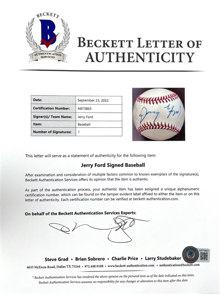 President Gerald Ford Signed OAL Baseball w/ Rare Jerry Ford Autograph! (Beckett/BAS)