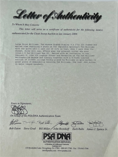 Ted Williams Signed Lithograph Display (PSA/DNA) 
