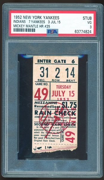 1952 NY Yankees Ticket Stub : Mantle HR #25! (PSA/DNA Encapsulated)