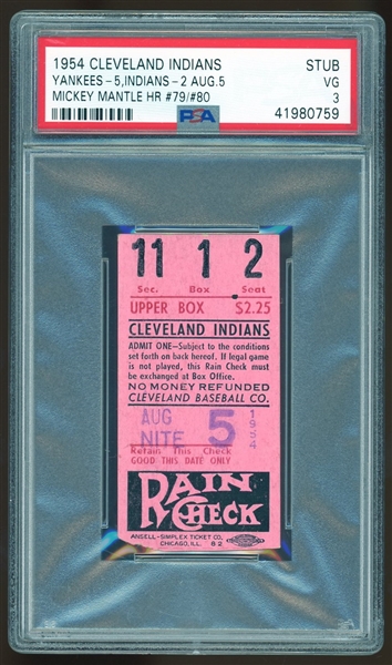 1954 Cleveland Indians Ticket : Mantle HR #79-80! (PSA/DNA)